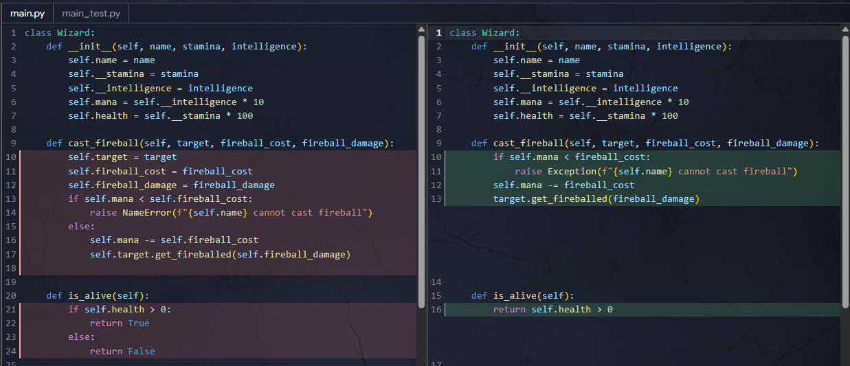 A screenshot showing differences between my code and the suggested solution
